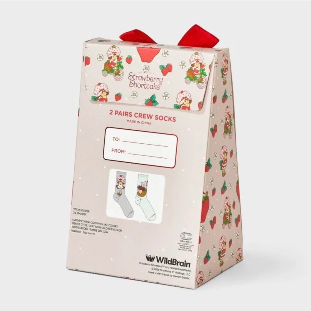 Strawberry Shortcake 2 Pair Crew Socks Gift Box‎ Set Pink Oatmeal Shoe Size 4-10